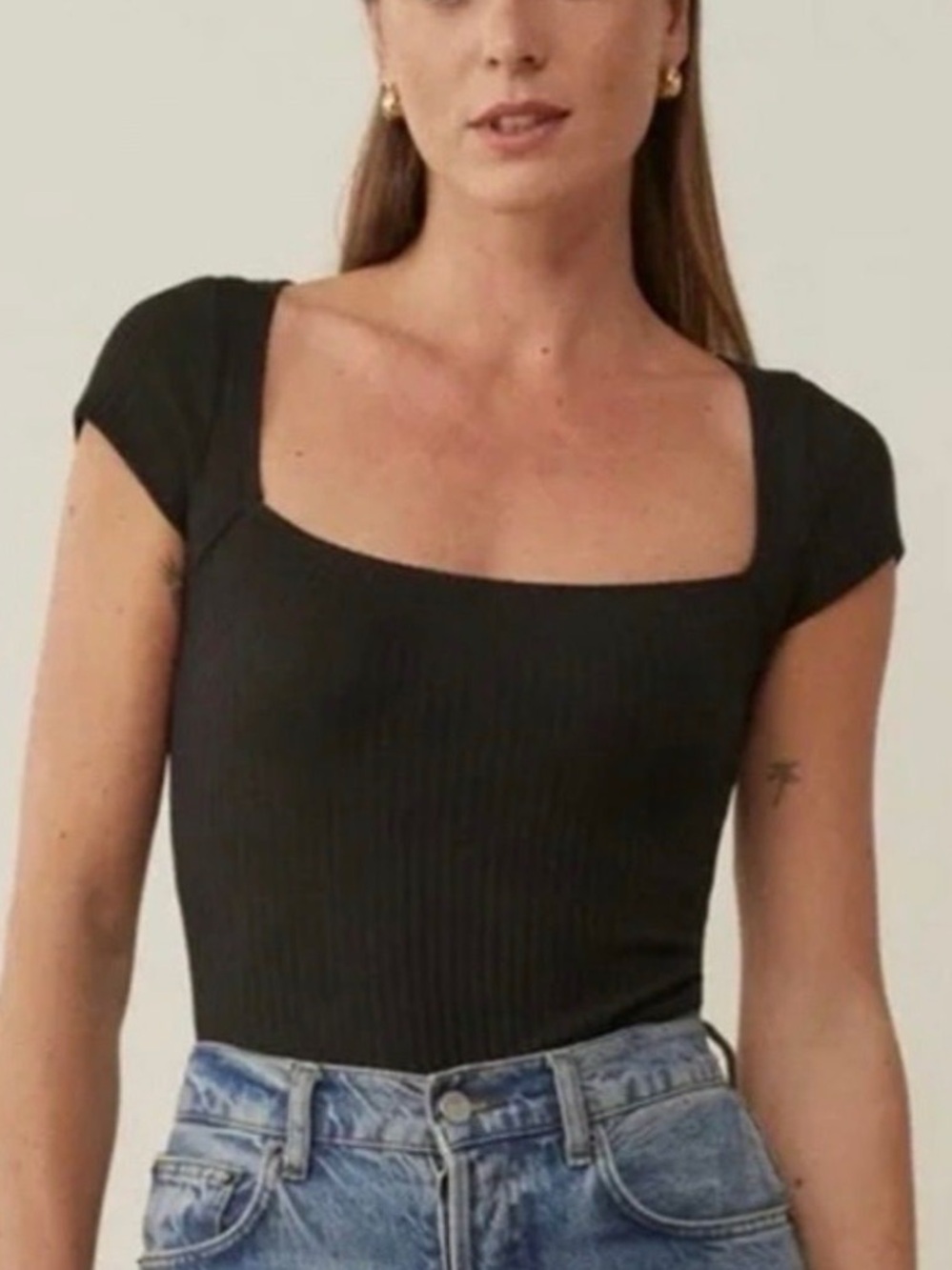 Reformation Bar Dot Black Ribbed Square Neck Top - Women